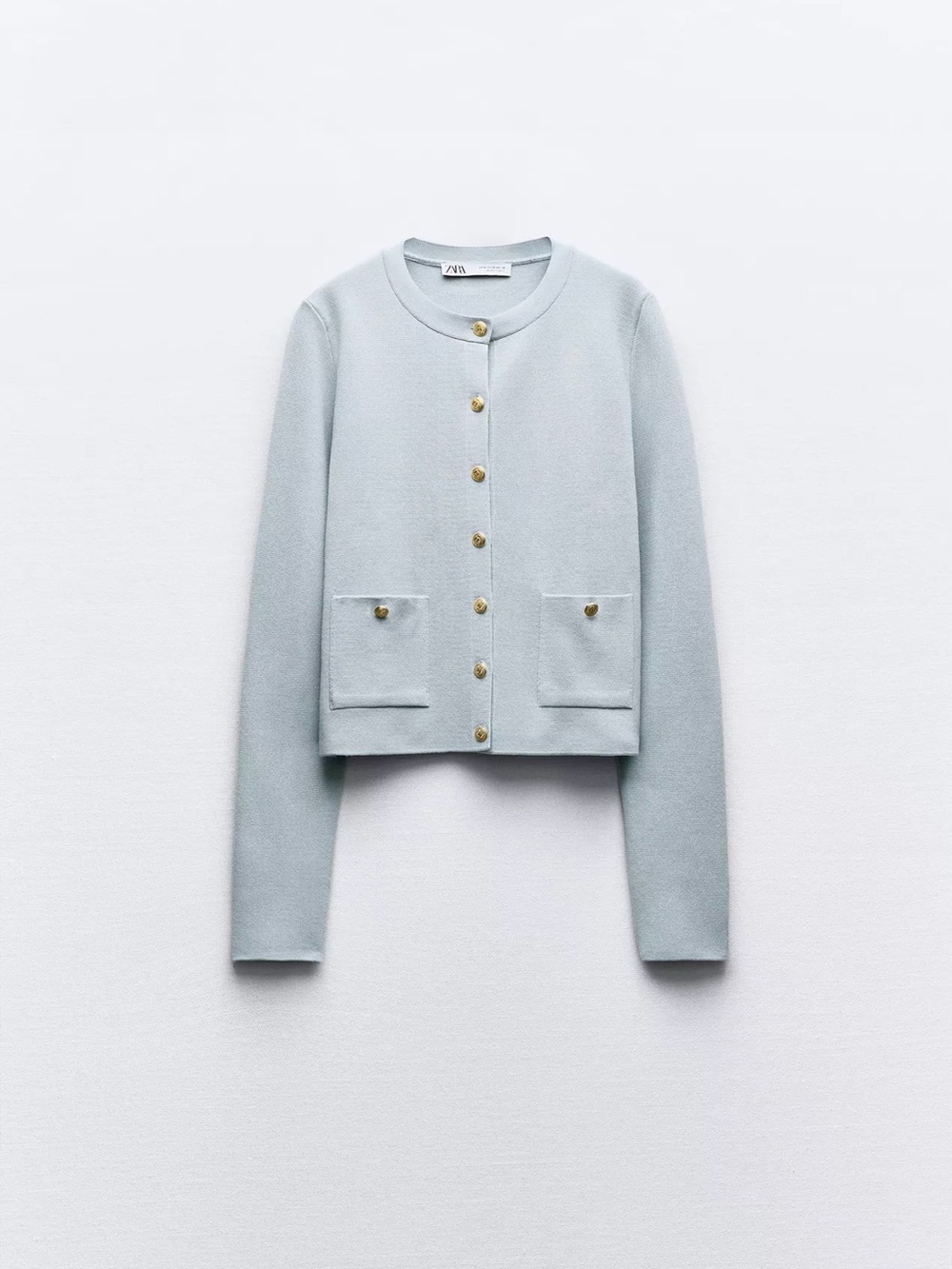 Zara Pastel Blue Cropped Crewneck Cardigan with Gold Buttons - part of a set
